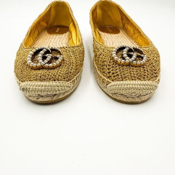Gucci Lilibeth GG Pearl Crochet Espadrille Flats Metallic Gold EU 40 US 10 - Picture 2 of 10